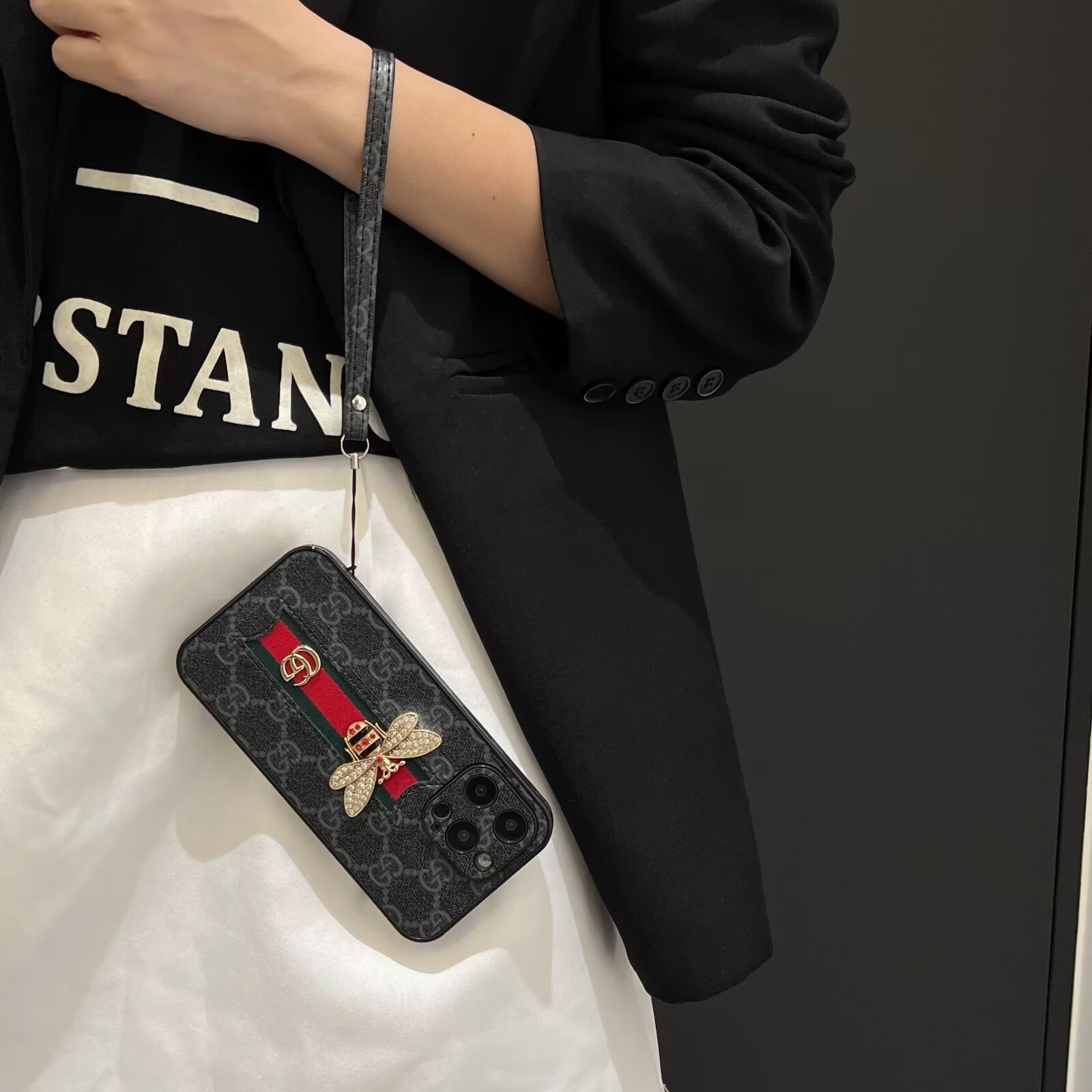Gucci Bee Diamond Ophidia GG Leather New Apple iPhone Case