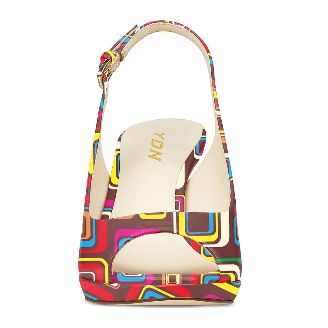 Patent Leather Multicolor Square Printed Platform Elegant High Heels