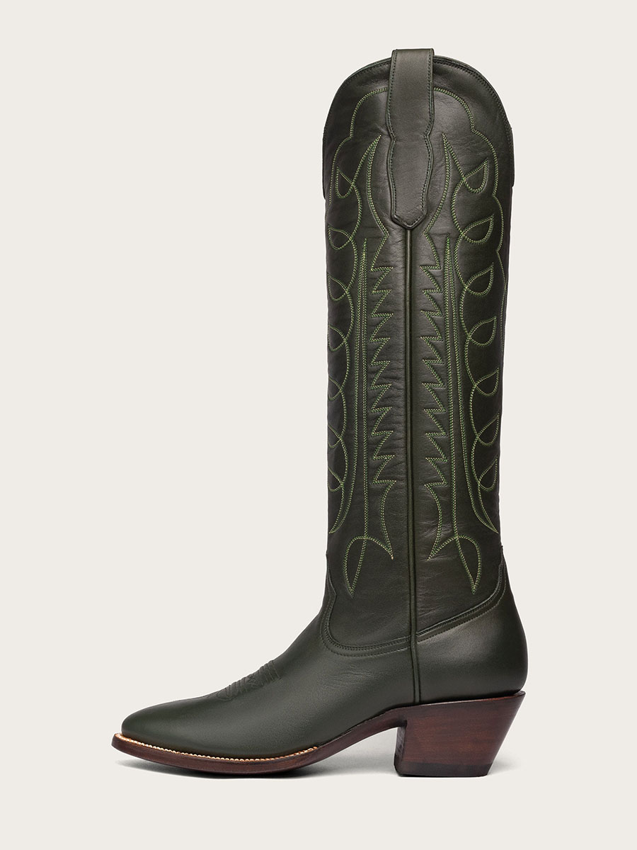 Women's Dark Green Embroidered Wide Calf Knee High Cowgirl Boots