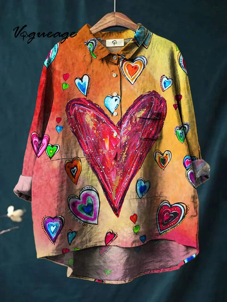Bright And Dazzling Romantic Love Printed Cotton And Linen Shirt