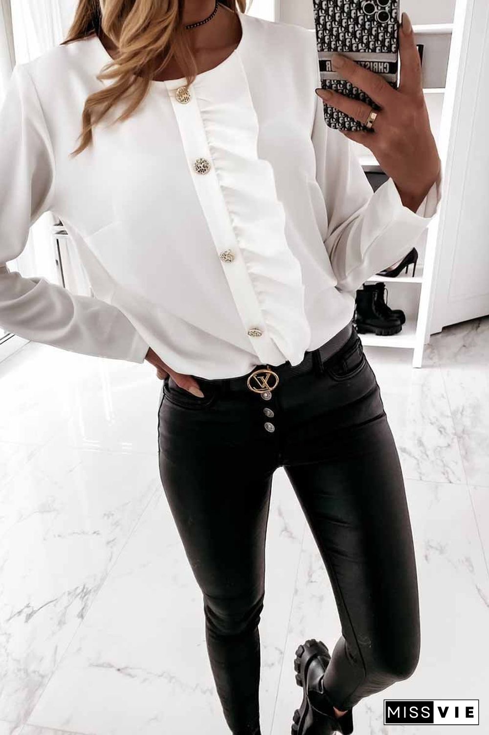 Solid Color Long-Sleeved Ruffled Button Shirt Tops(3 Colors)
