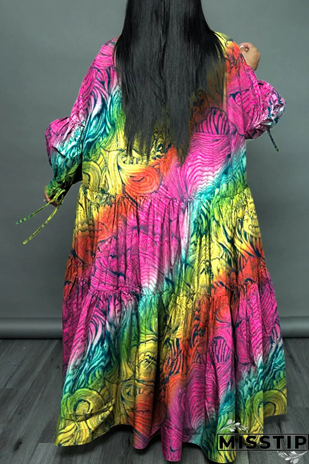 Cyan Casual Print Patchwork Buckle Fold Turndown Collar Long Dress Plus Size Dresses