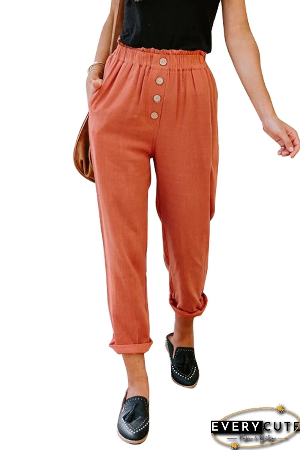 Orange Linen Blend Pocketed Pants