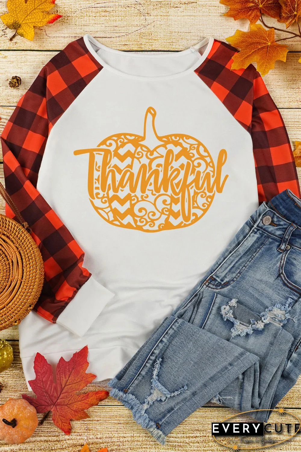 Orange Thankful Pumpkin Graphic Plaid Long Sleeve Top