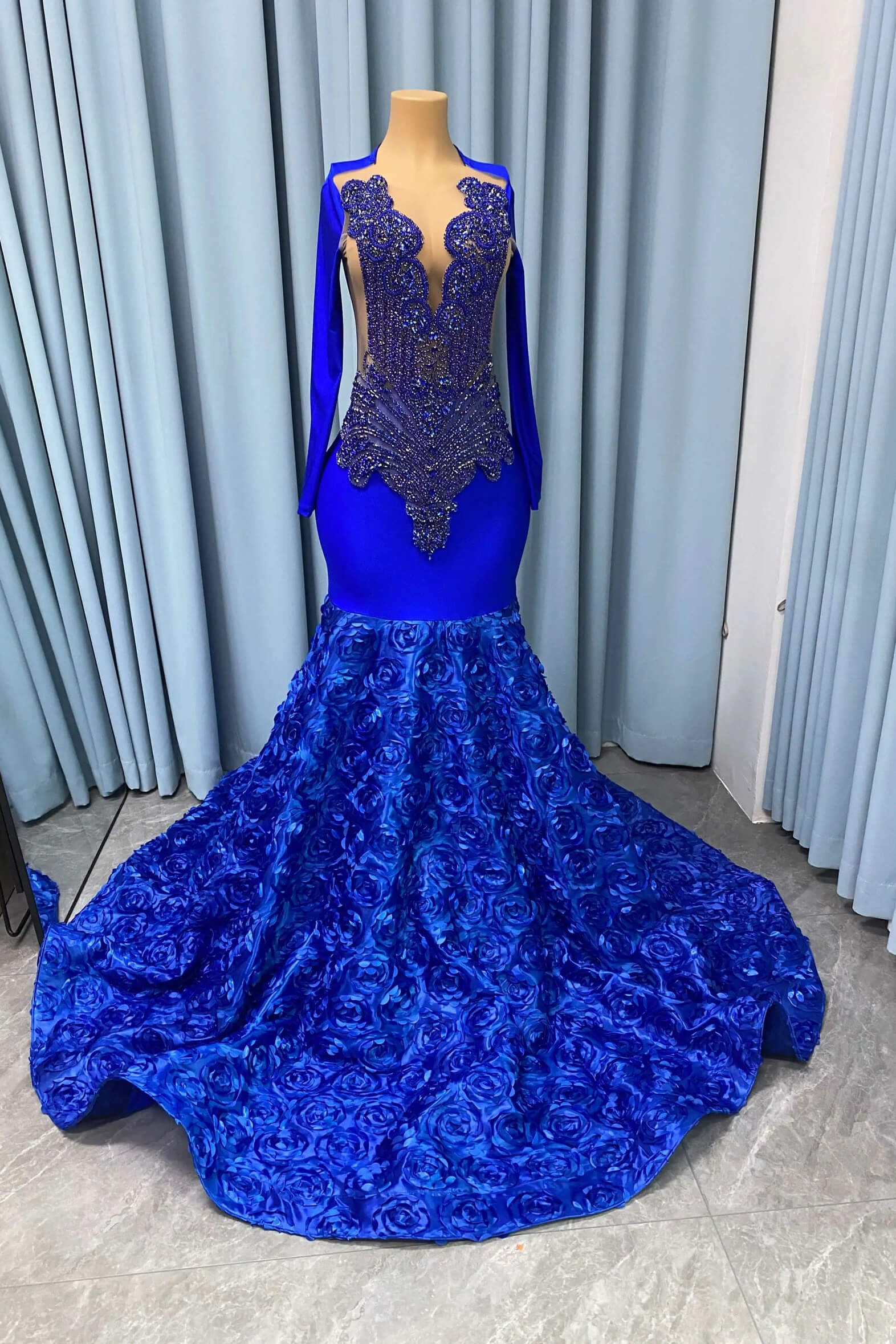 Bellasprom Royal Blue Long Sleeves Prom Dress Mermaid Beadings With Flowers Bottom Bellasprom