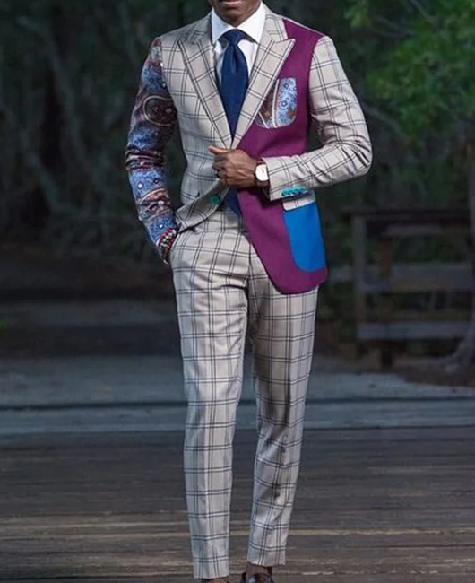 Fashion Plaid Patchwork Lapel Collar Blazer & Straight Pants 2Pcs Set 