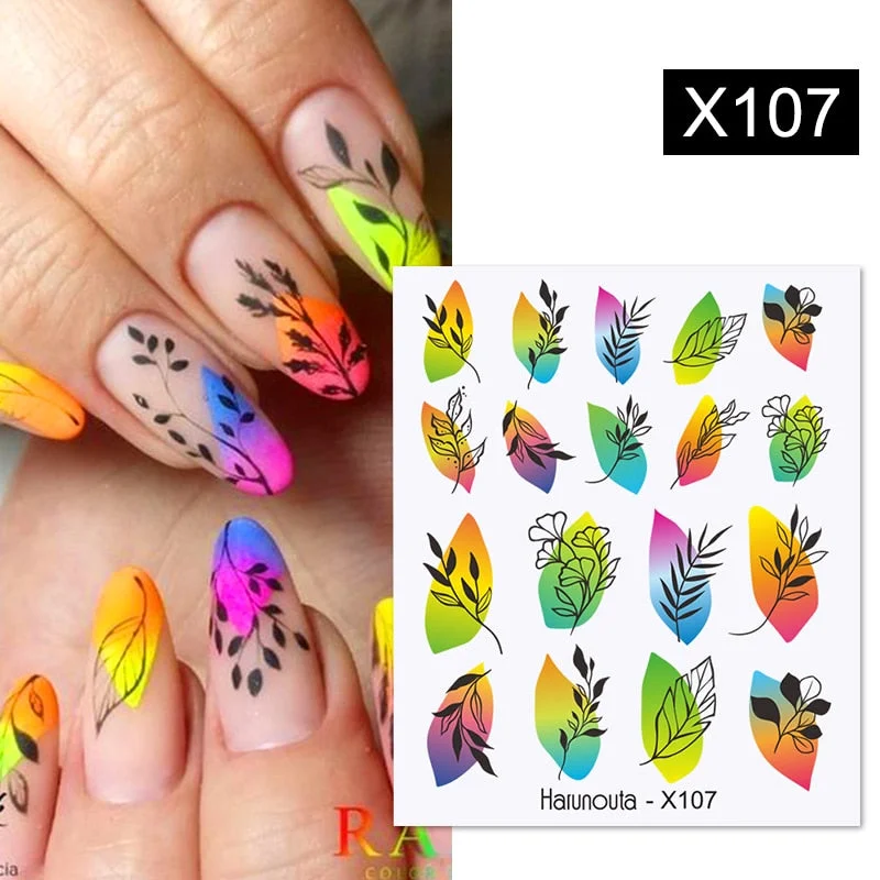 Harunouta Black Lines Flower Leaves Water Decals Stickers Floral Face Marble Pattern Slider For Nails Summer Nail Art Decoration-Nail Inspo