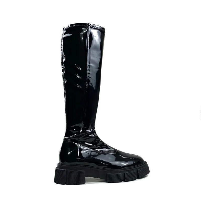 2022 Autumn Winter Elastic Long Boots Side Zipper Patent Leather Flat Bottomed Knee High Thicken Boots Women Shoe Botas Feminina