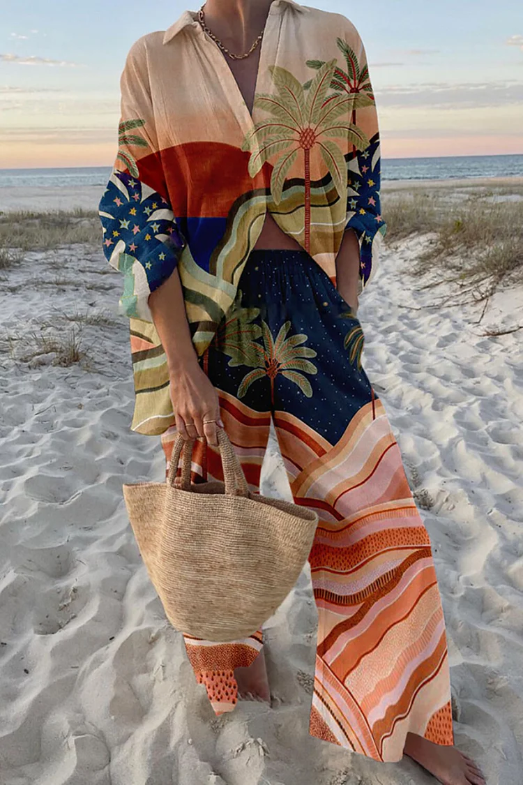 Vacation Mixed Print Button Up Blouse Wide Leg Pants 2pcs Set-Yellow