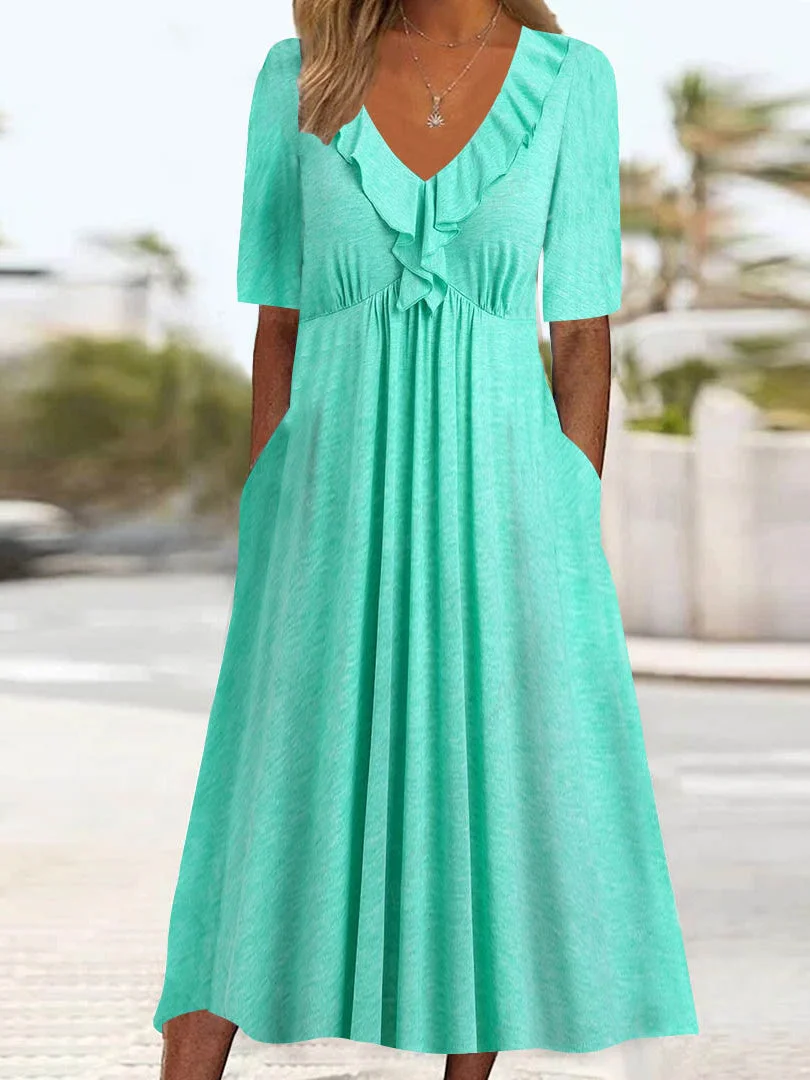 Women's Half Sleeve V-neck Solid Color Midi Dress