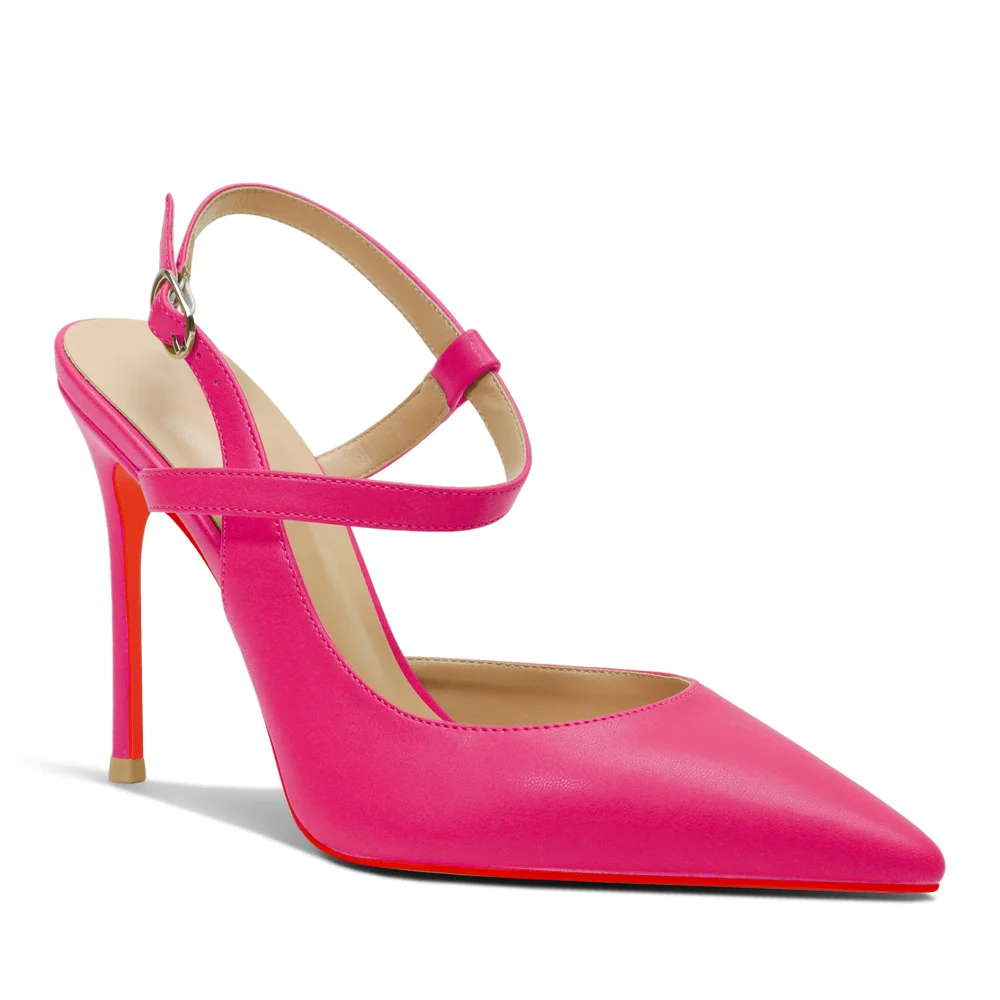 100mm Mid Heel Women Slingback Pumps Ankle Strap Jenlove Stiletto Close Pointed Toe Dress Red Bottoms Matte Glitter Shoes-MERUMOTE