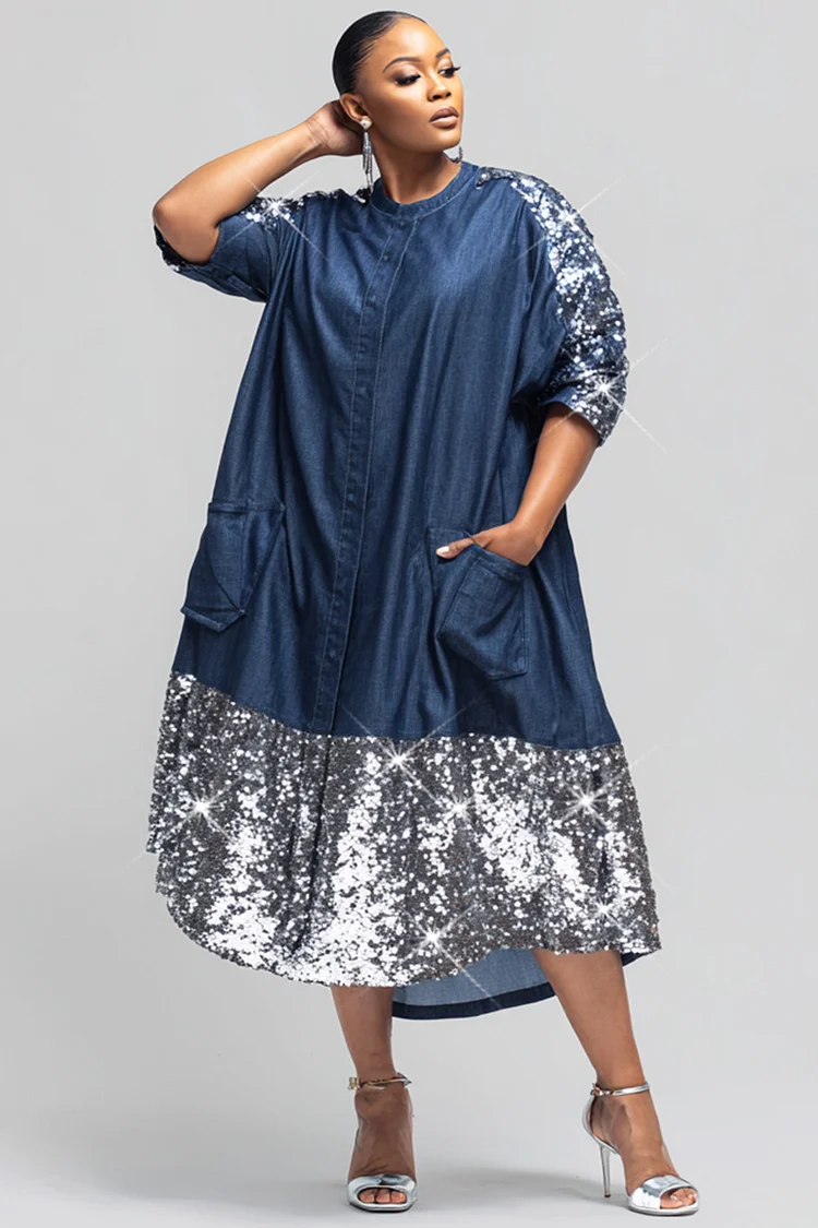 Xpluswear Design Plus Size Business Casual Sequin Blue Round Neck Half Sleeve Pocket Sequin Tencel Denim Midi Dresses 2024 - Xpluswear