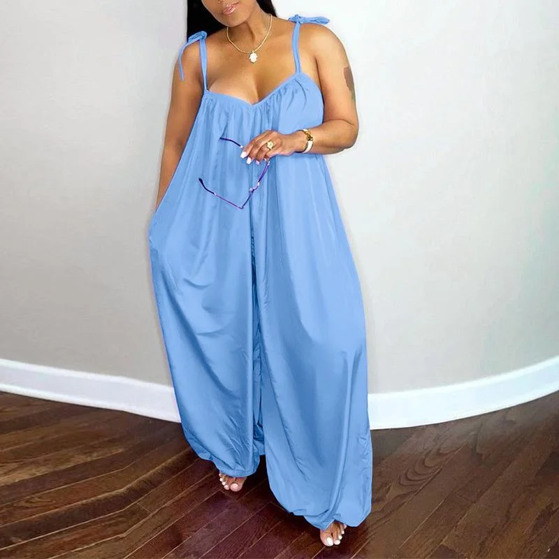 Summer Jumpsuits 2022 VONDA Women Office Wide Leg Pants Female Harem Pants Sleeveless Solid Color V Neck Pleated Long Jumpsuits