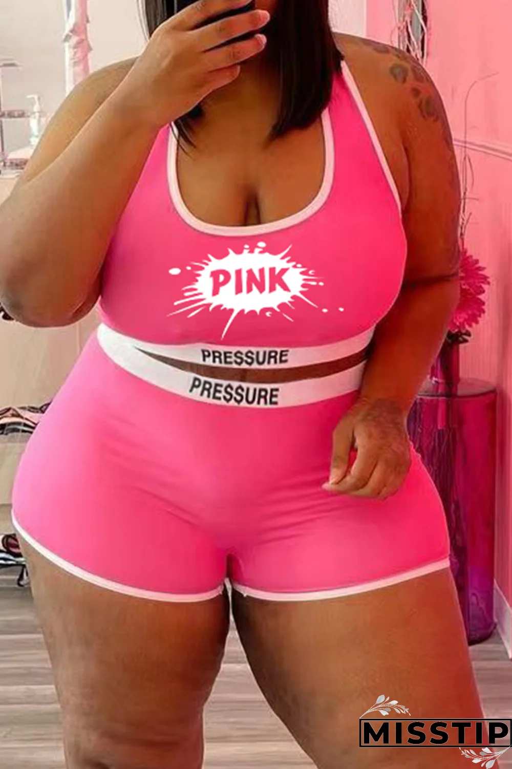 Black Street Print Patchwork U Neck Plus Size Two Pieces