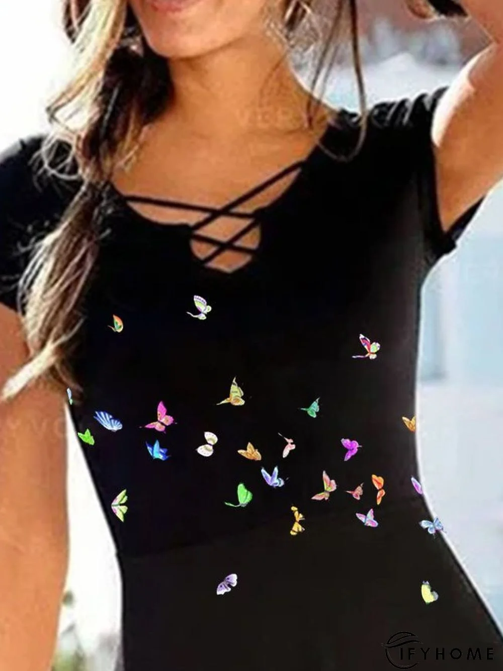 Cotton-Blend Butterfly V Neck Short Sleeve Knitting Dress | IFYHOME