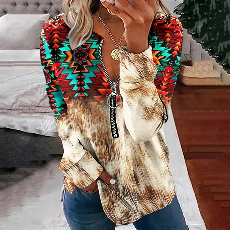 Western Print V Neck Zipper Casual Sweatshirt