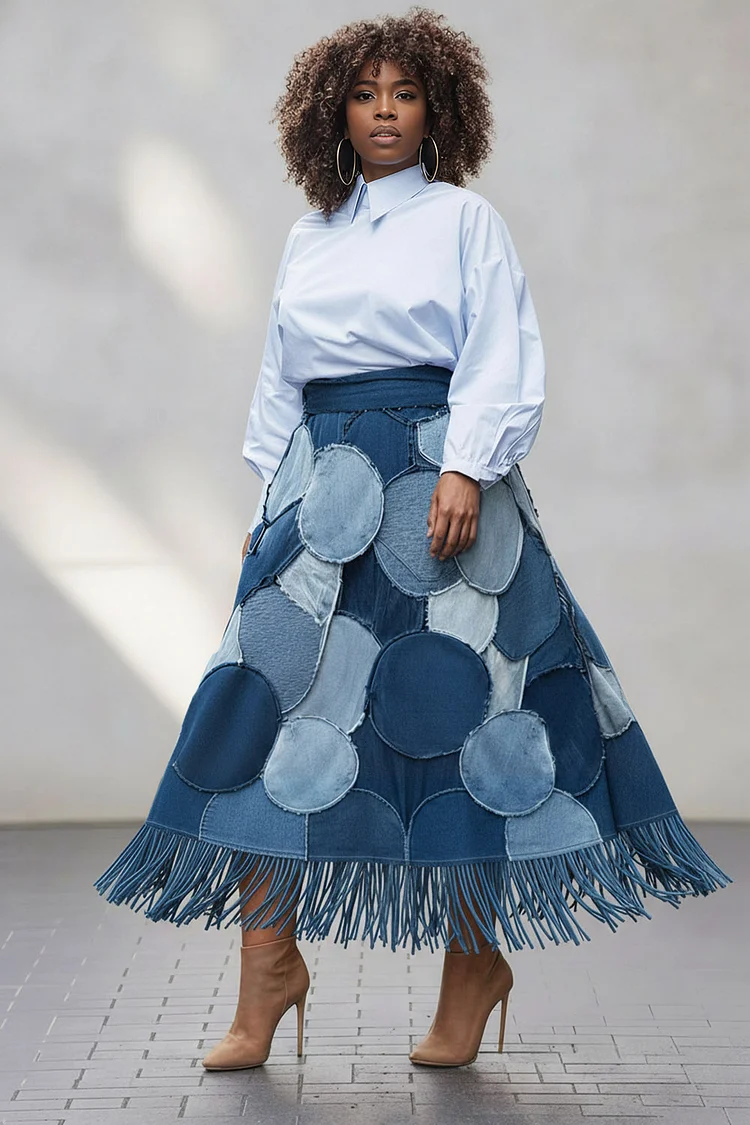 Xpluswear Design Plus Size Business Casual Blue Strappy Contrast Denim Skirts [Pre-Order] 2024 - Xpluswear