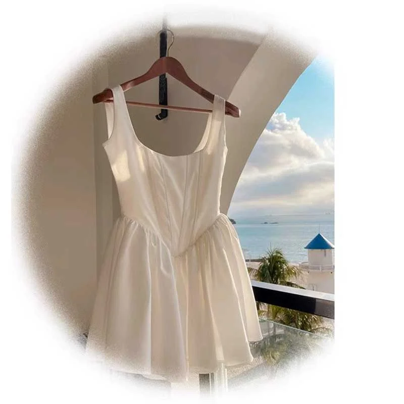 Churchf Inspired square neckline straps white dress mini sexy women party dress sleevless hot girl summer dresses new 2024-Outfit Ideas