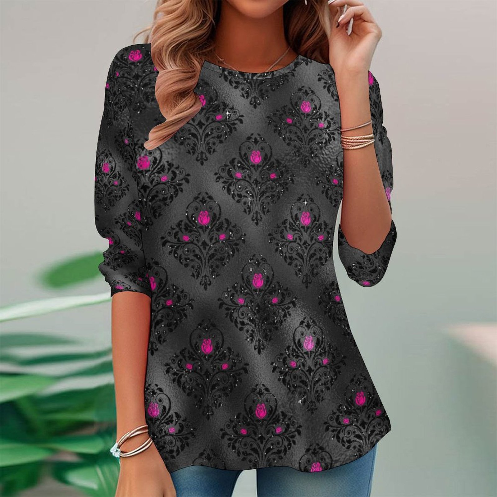 Women Long Sleeve V-neck Graphic Floral Printed Top