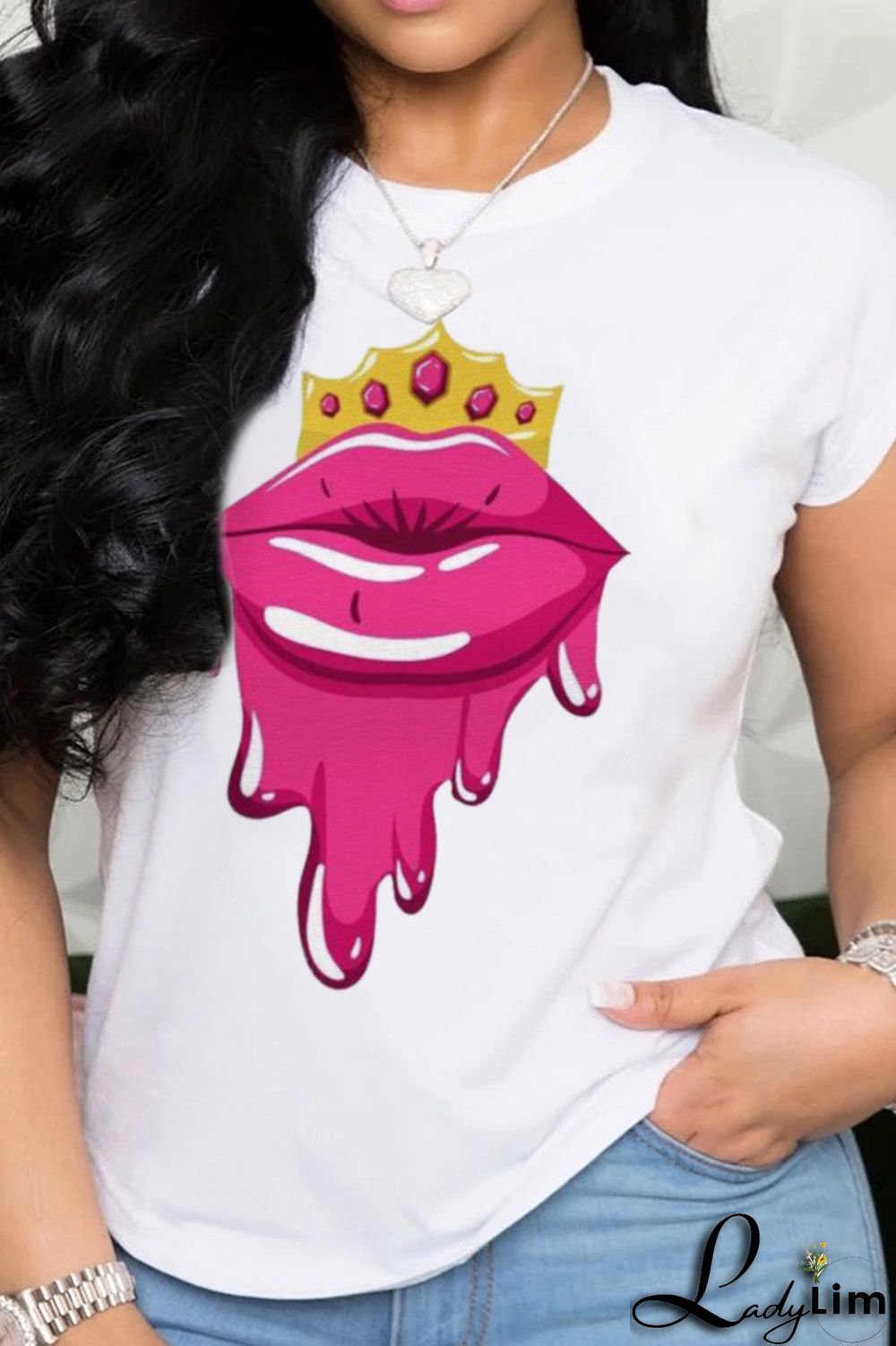 Navy Blue Fashion Street Lips Printed Split Joint O Neck T-Shirts