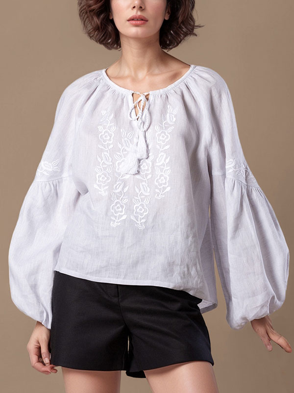 Cotton Embroidered V Neck Tie Shirt
