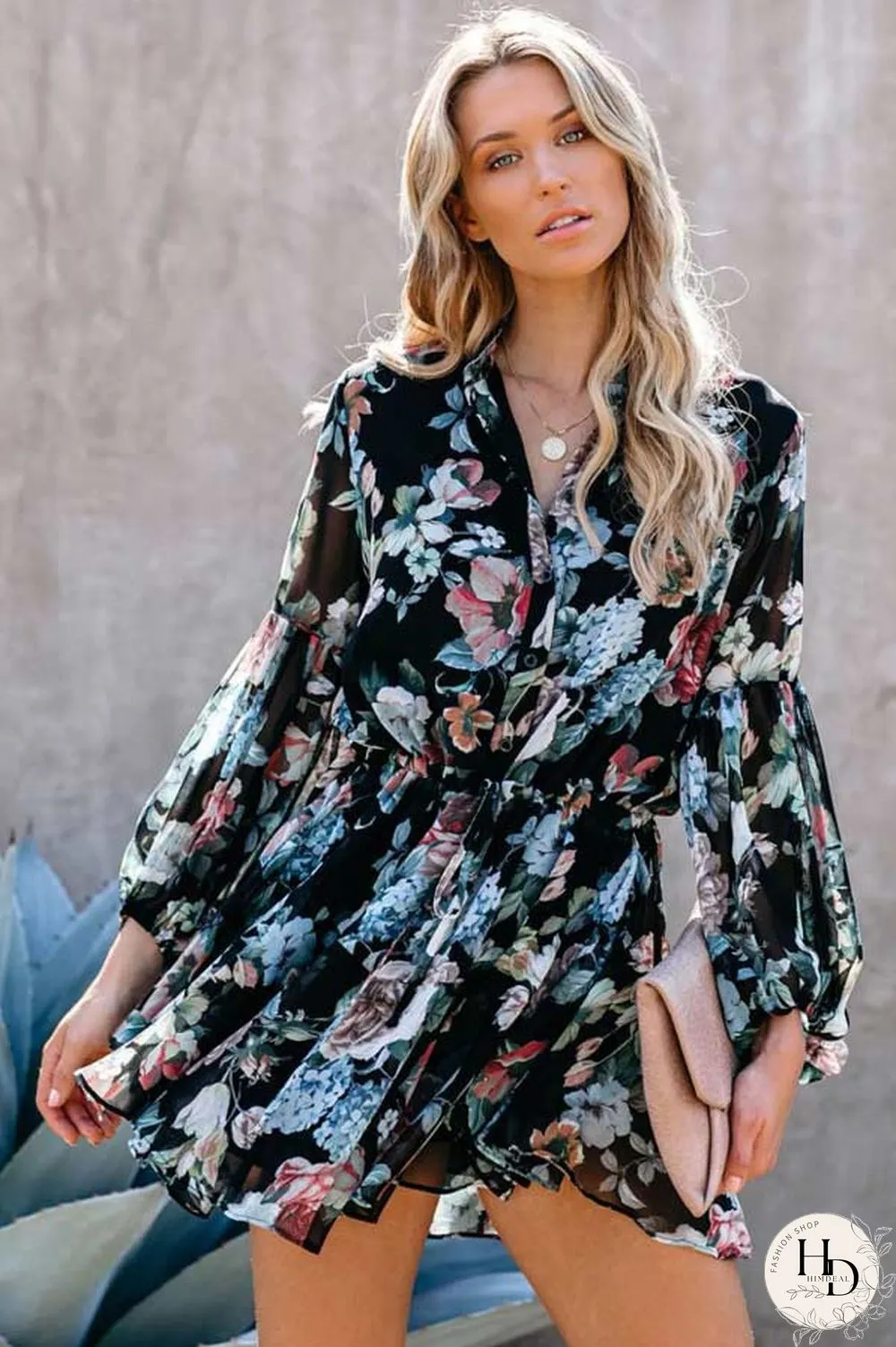 Fashion Floral Print Shirt Dress