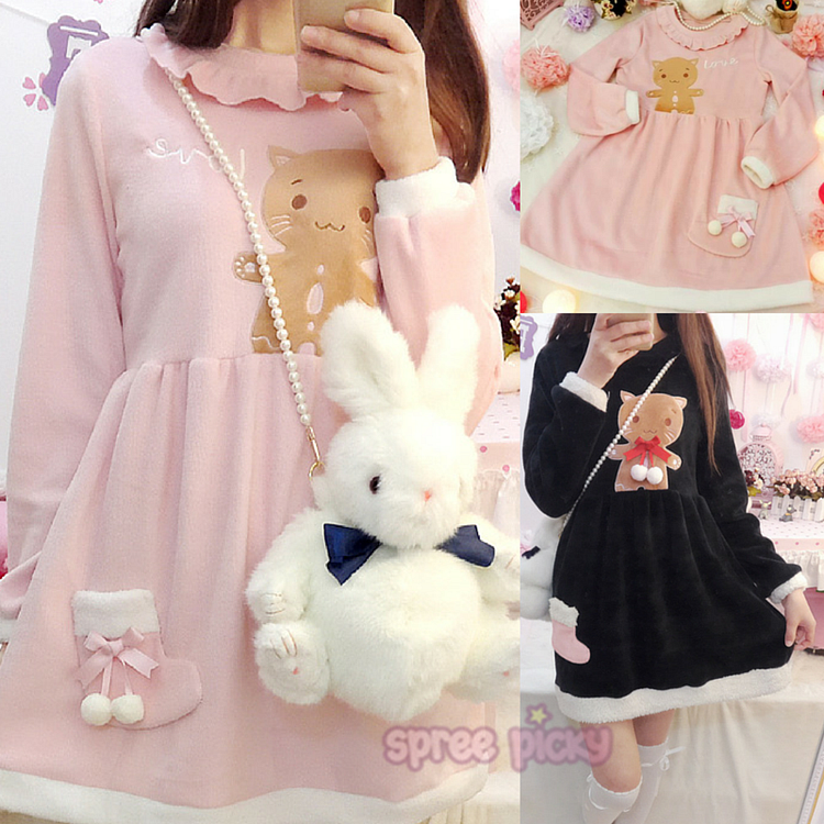S/M/L Pink/Black Kawaii Neko Cat Embroidery Fleece Dress SP165487