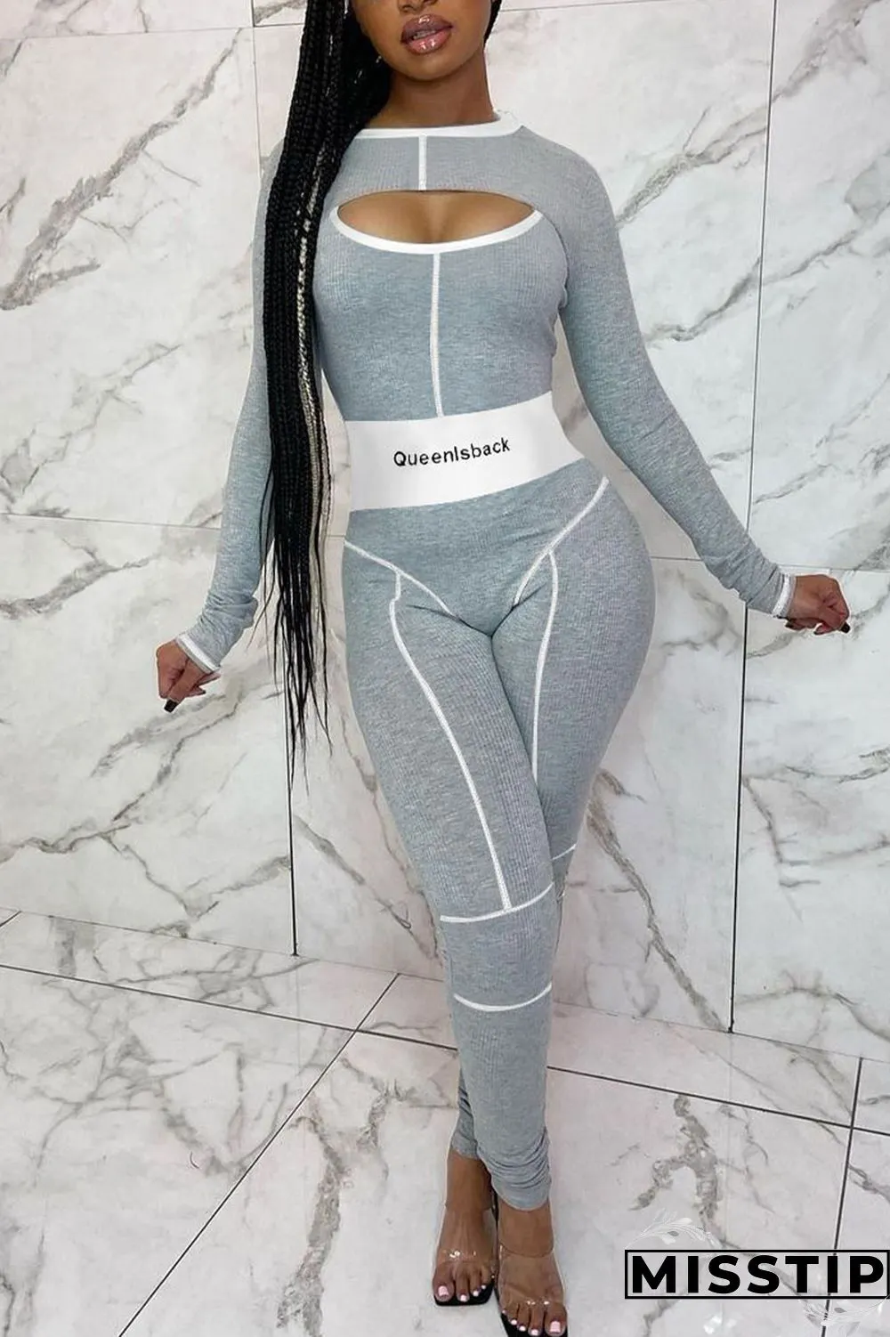 Grey Casual Striped Embroidered Patchwork O Neck Long Sleeve Two Pieces