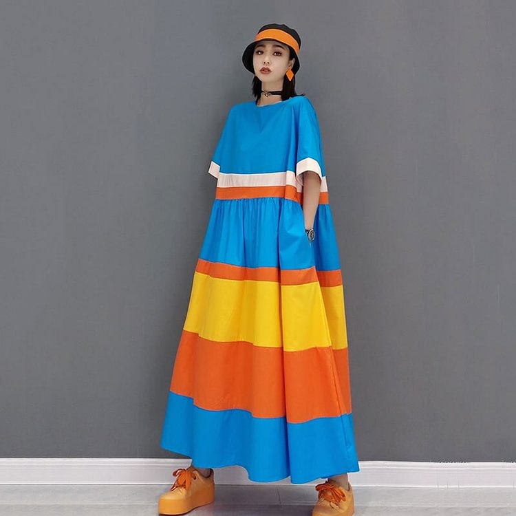 Fashion O-neck Collar Contrast Color Folds Splicing Simplicity Loose Dress