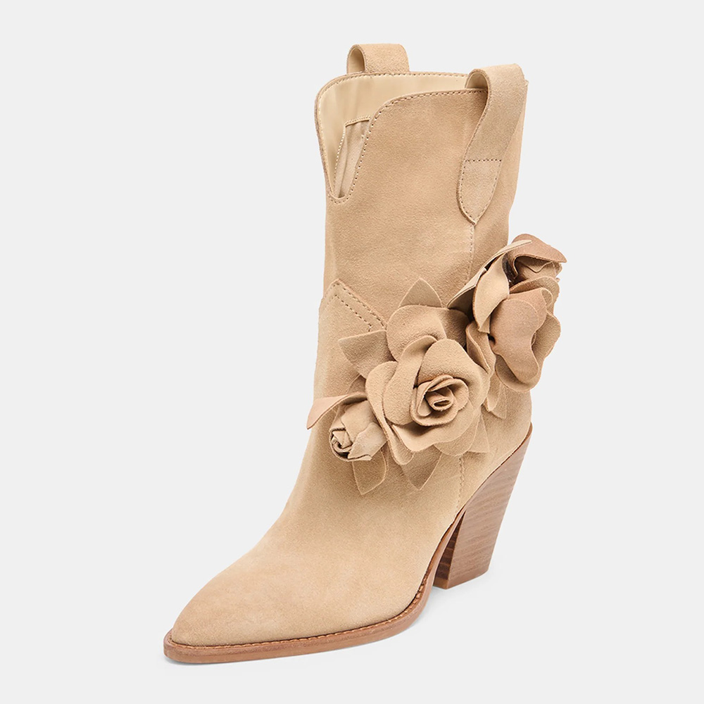 Tan Vegan Suede Block Heel Floral Decor Pointed Toe Cowgirl Boots Nicepairs