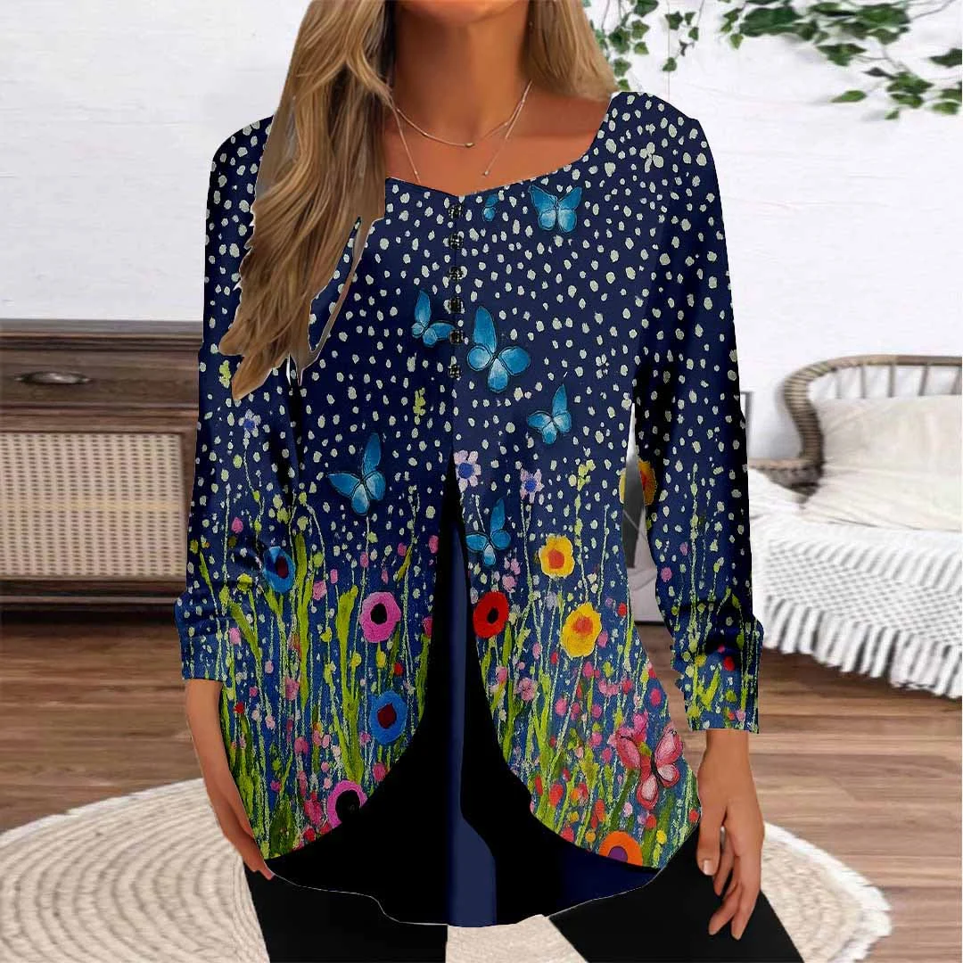 Women Floral,Blue DZGG8366 Long Sleeve Scoop Neck Printed Graphic Button Fake 2in1 Tops