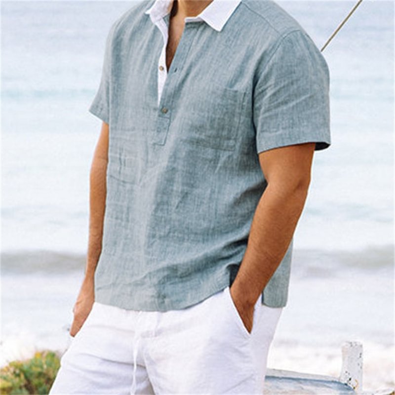 Men's Resort V-Neck Linen Shirt、、URBENIE