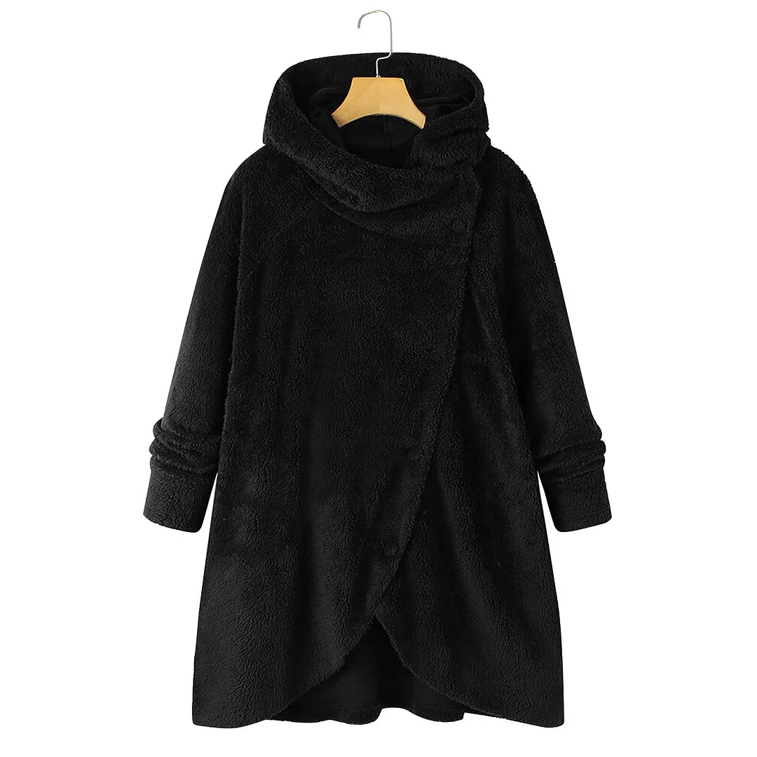 Plus Size Fashion Buttons Teddy Plush Jacket Coat Casual Hooded Warm Coat Streetwear Female Winter Long Sleeve Womens Outerwear