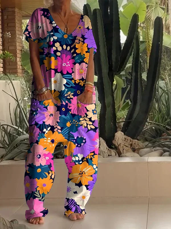 Casual Floral Print V Neck Jumpsuit