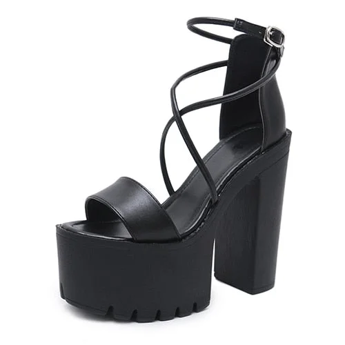 Gdgydh Platform Shoes For Summer Extreme High Heels Sandals Open Toe Fashion Buckle Block Heels Punk Black Leather Good Quality