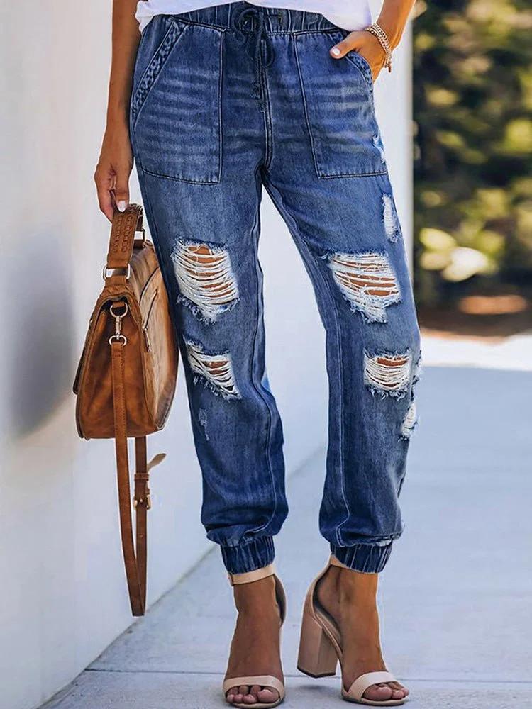 Women's Jeans Elastic Waist Drawstring Ripped Harem Jeans