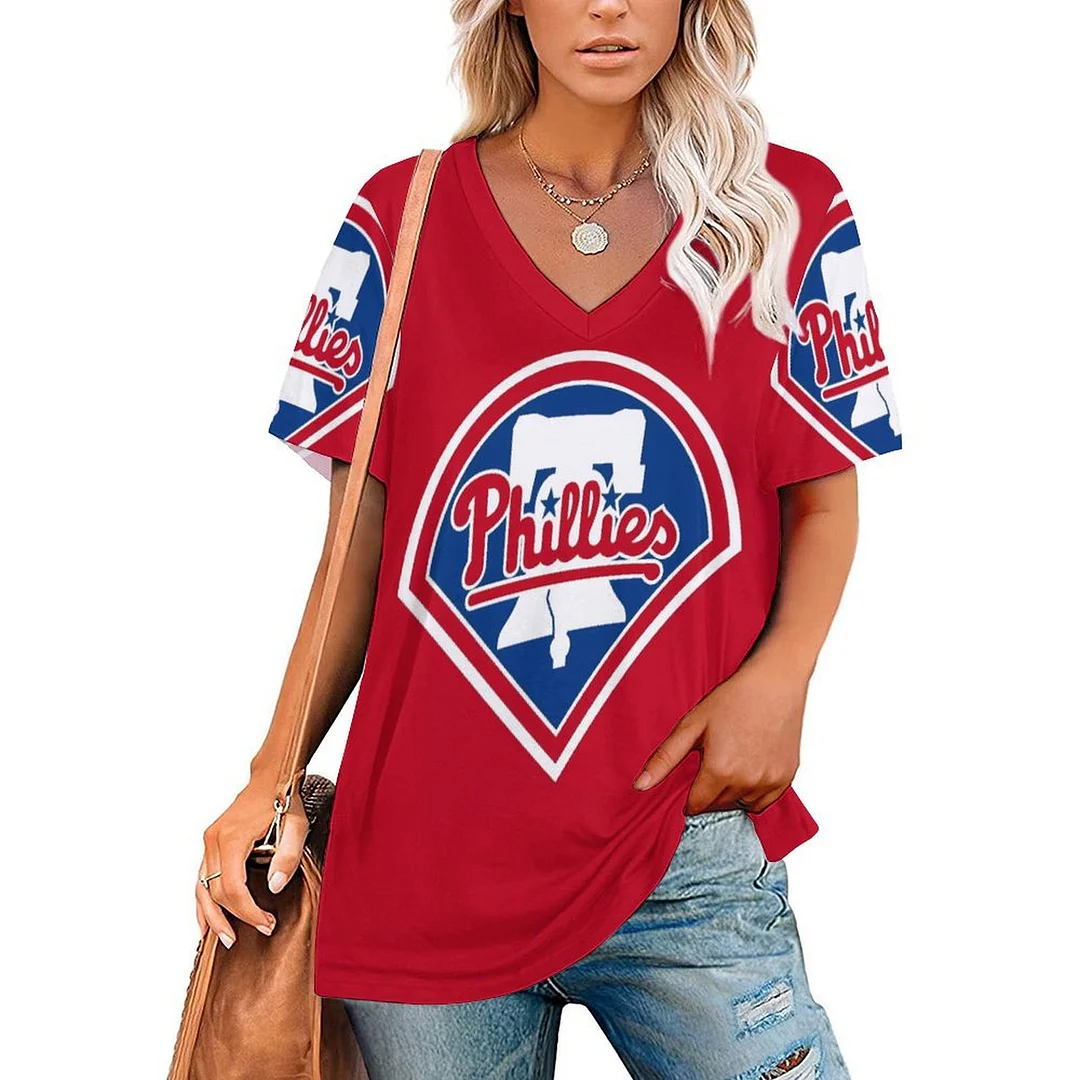 V-neck Short Sleeve Casual T-shirt for  Women Printed with Pattern Philadelphia Phillies, Blue, Red