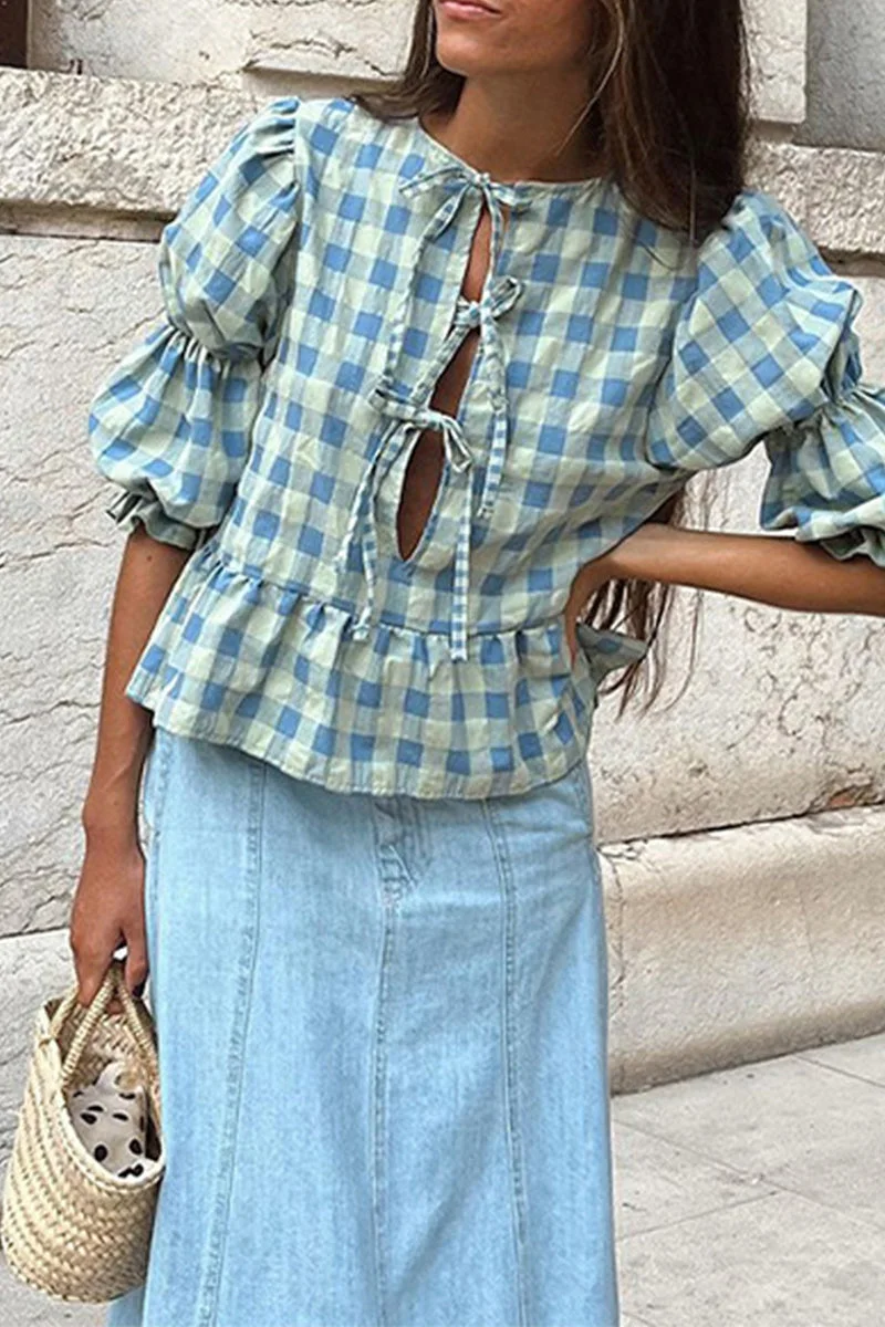 Lace Up Contrast O Neck Tops