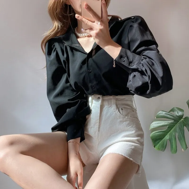 Korean Loose Chic Women Blouse Simple Versatile Lapel Long Sleeve Shirt Elegant Women Shirt Tops Pink Tops Blusas Mujer 12492