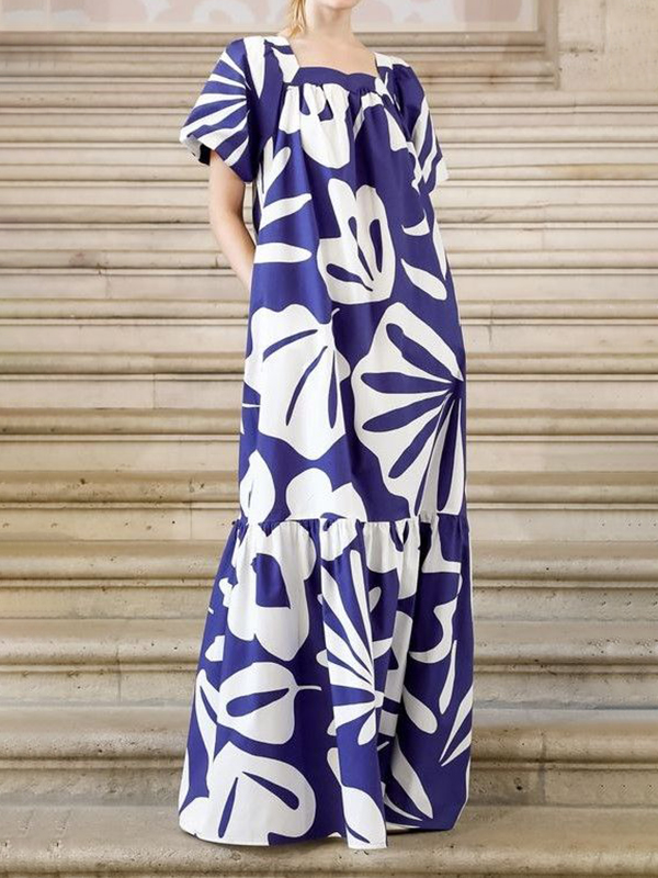 Loose Short Sleeve Square Neck Printed Maxi Dress