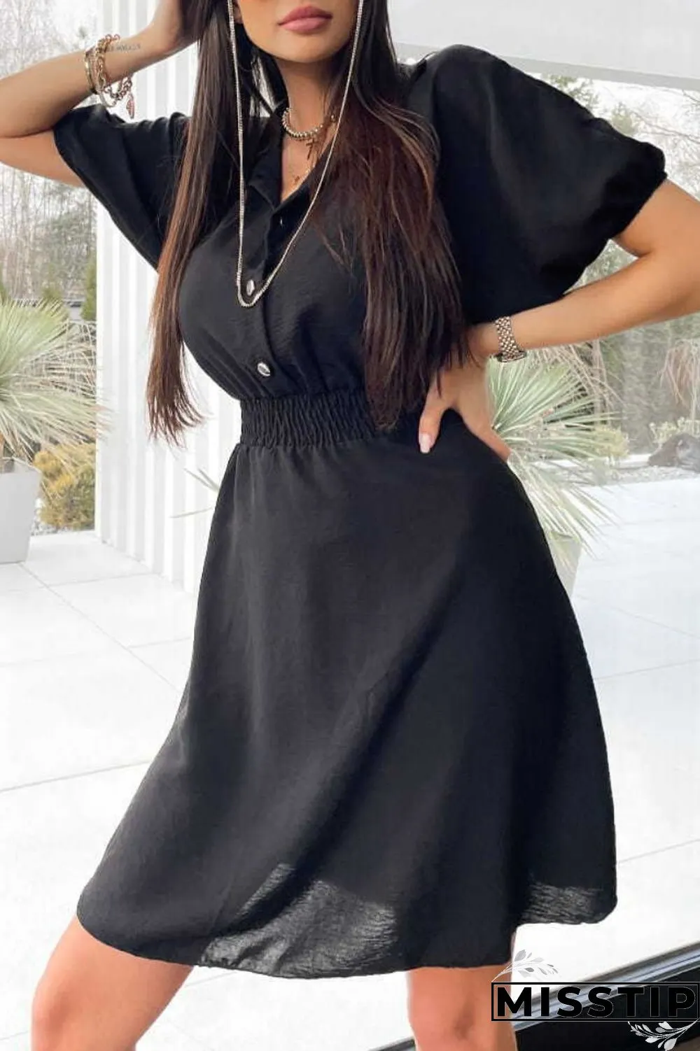 Brown Casual Solid Patchwork Turndown Collar Short Sleeve Dress