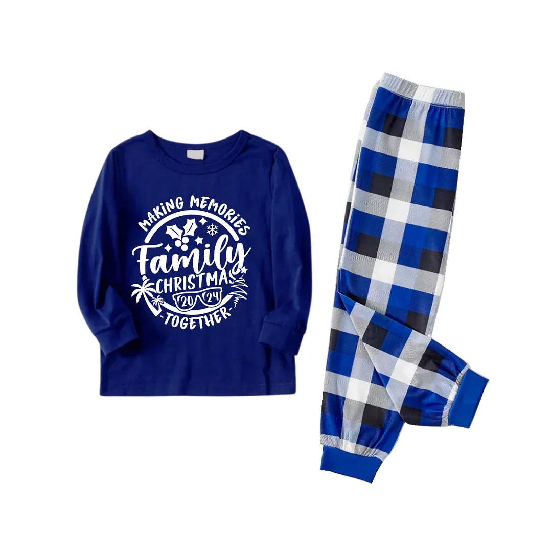 "2024 Family Christmas Making Memories Together" Printed Blue and White Plaid Family Matching Pajamas