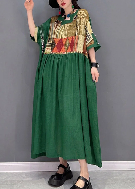 Plus Size Green O-Neck wrinkled Patchwork Long Dress Half Sleeve