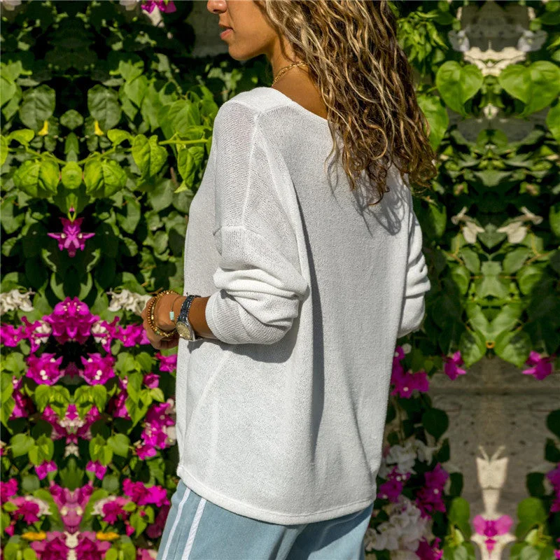 Solid Color V-neck Long Sleeve T-shirt