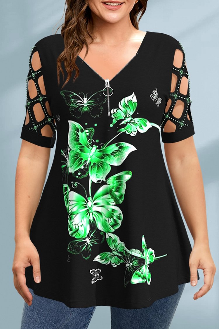 Flycurvy Plus Size Casual Black Sequin Butterfly Print Hollow Out Decorative Zipper Blouse  Flycurvy [product_label]
