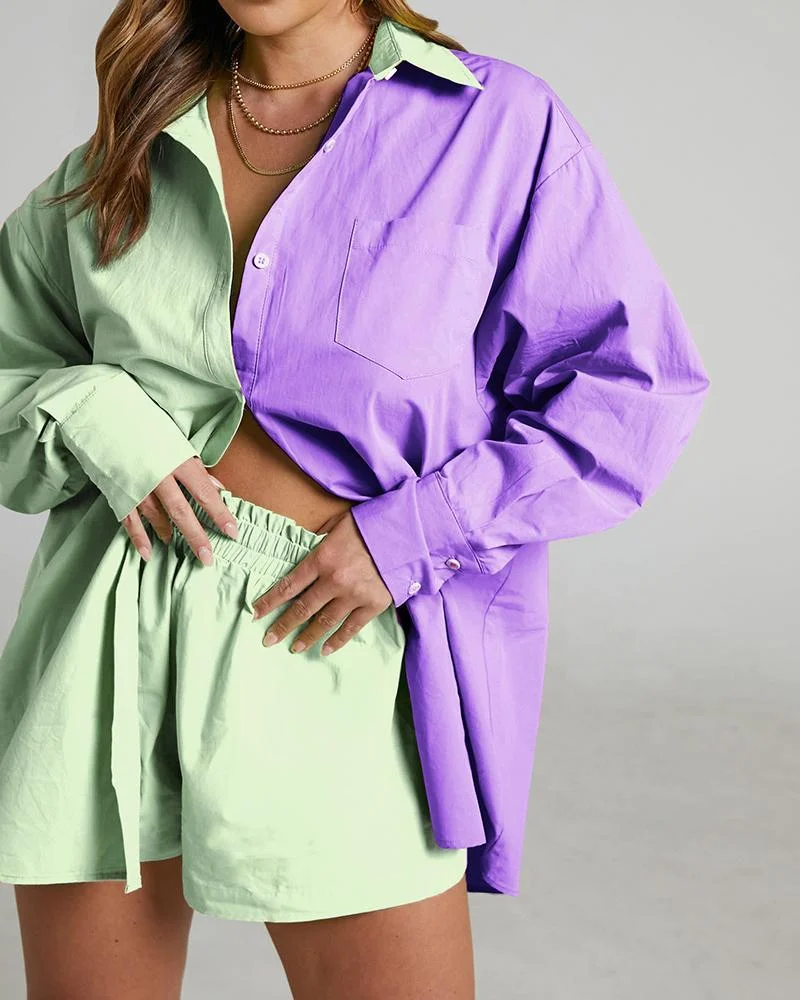 Casual Two Piece Colorblock Shirt & Shorts