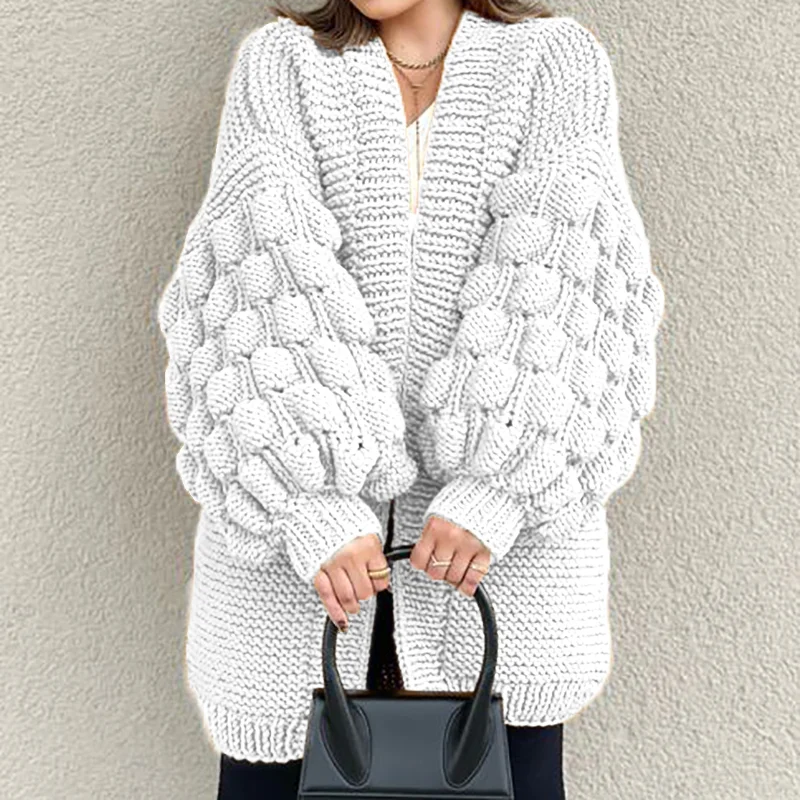 Retro Loose Puff Sleeves Thick Wool Knitted Cardigan