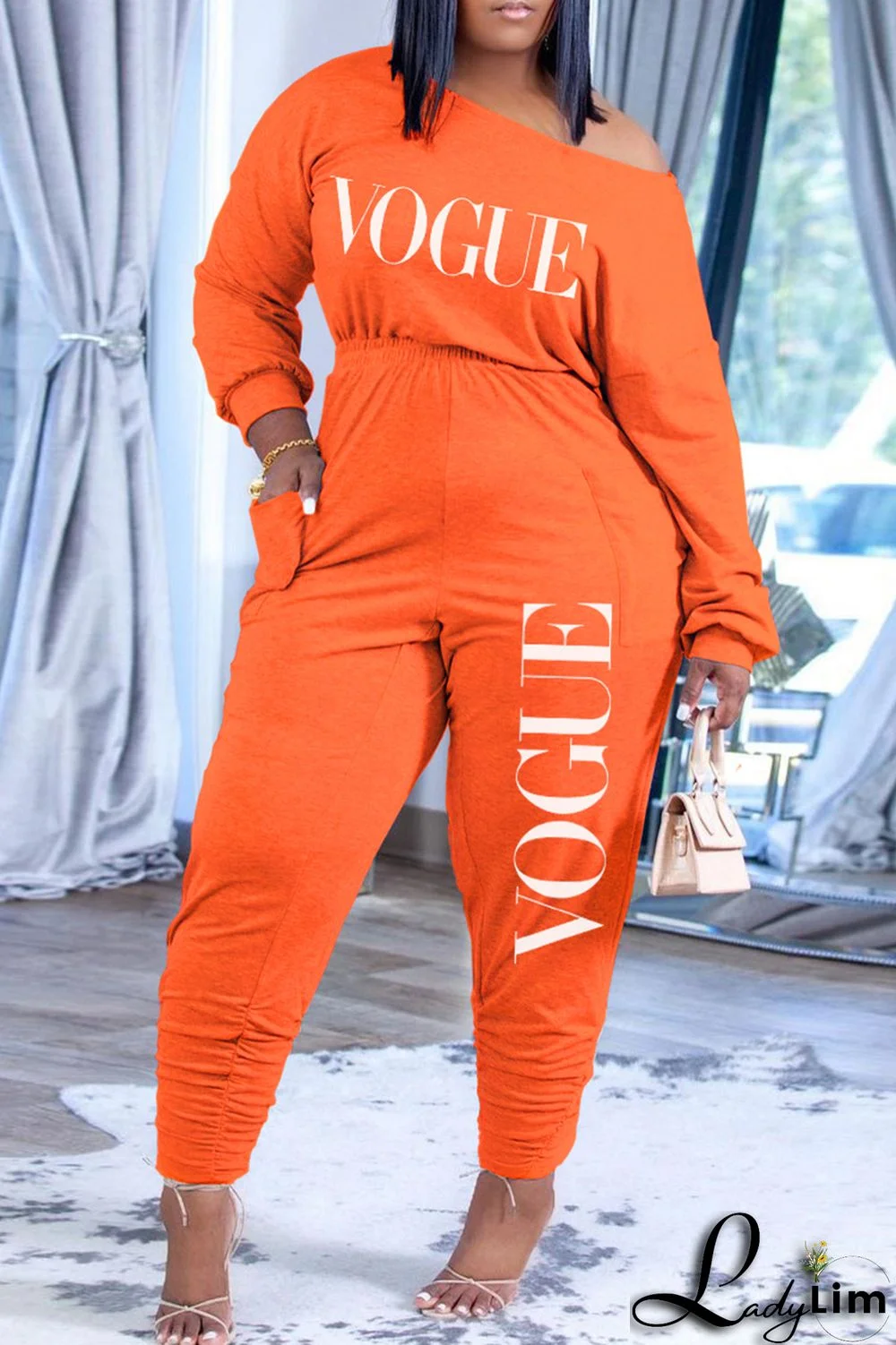 Orange Fashion Casual Letter Print Fold Oblique Collar Regular Jumpsuits