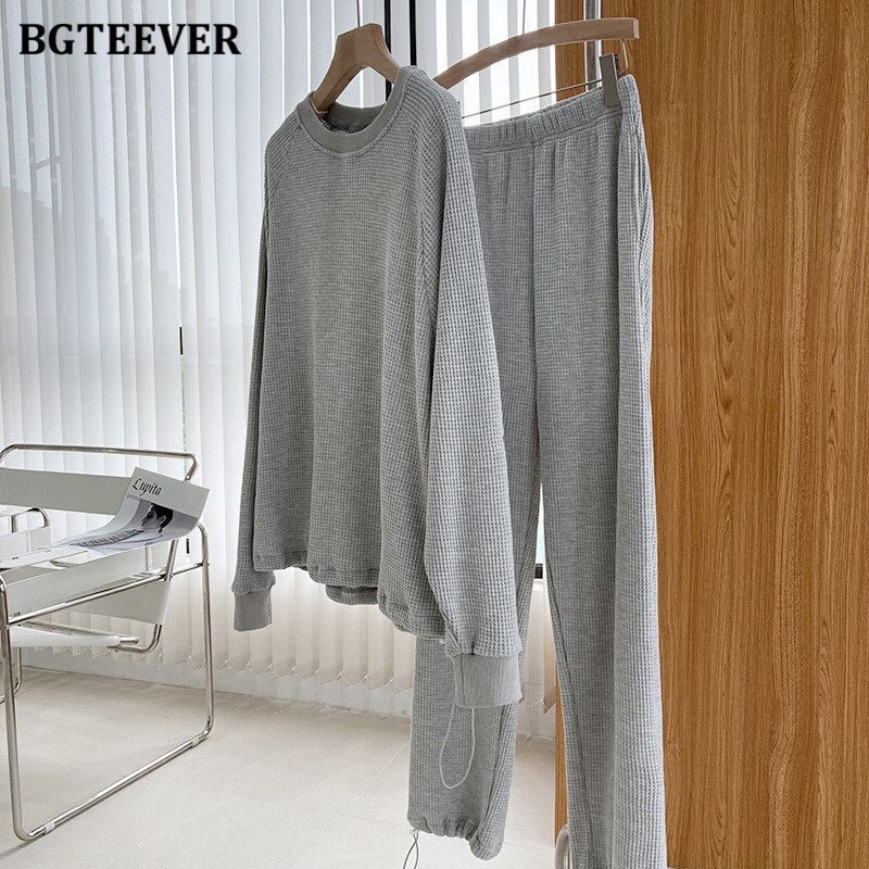 BGTEEVER Autumn Casual Loose Women 2 Pieces Set O-neck Full Sleeve Sweatshirt & Wide Leg Pants 2021 Ladies Sweatshirt Set