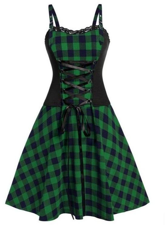 Gothic Dress High Waist Lace Up Plaid Corset Dress